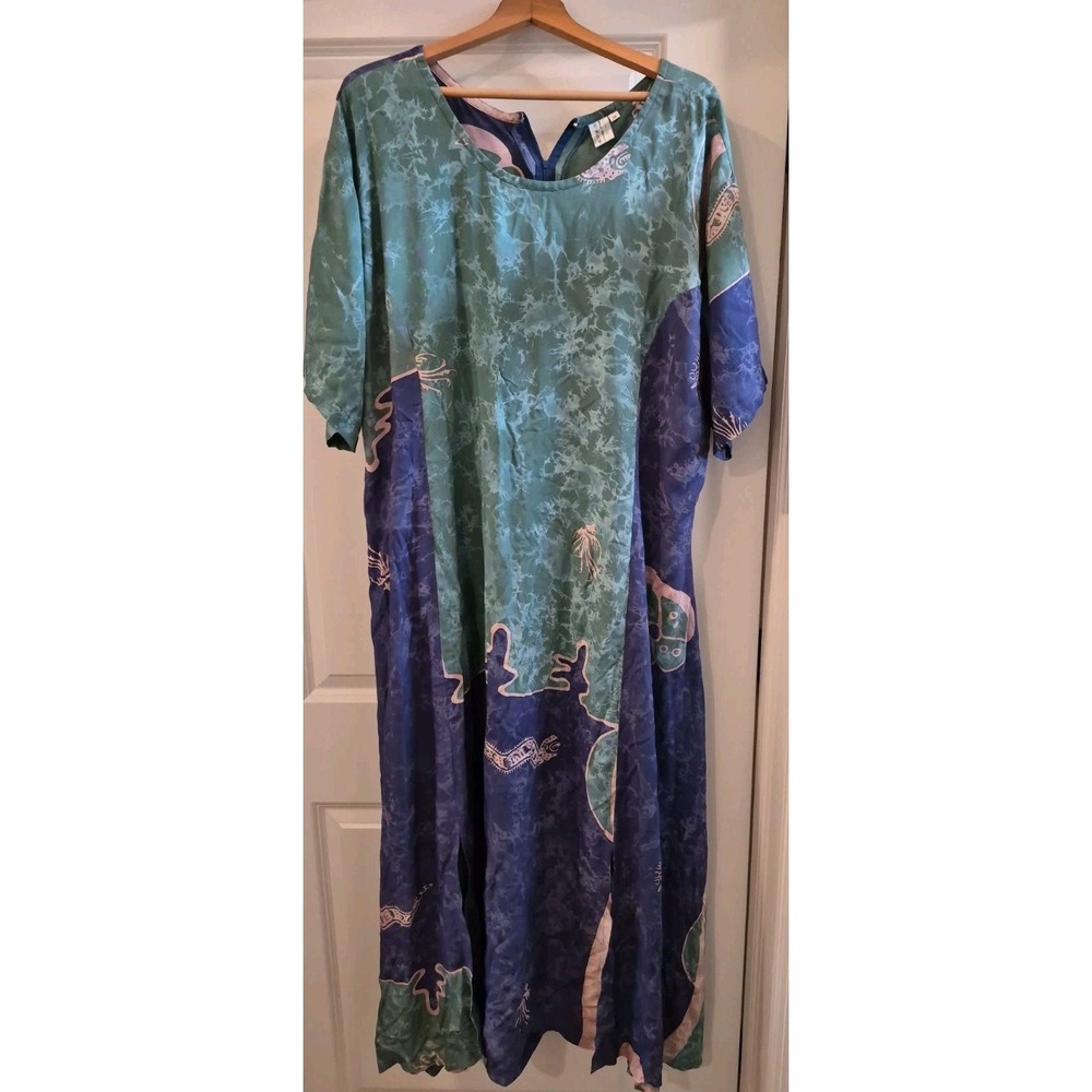 Bali Batiks Green-Blue-Beige Maxi Dress 3X Tropical Vacation Resort Beachy Flowy
